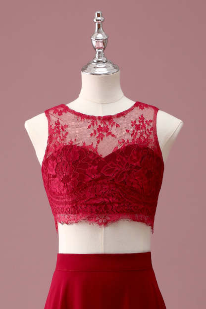 Burgundy Lace Round Neck A Line Long Junior Bridesmaid Dress