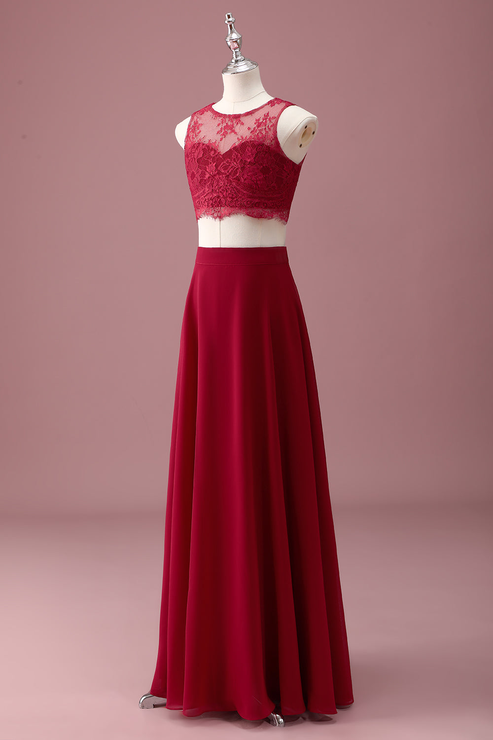 Burgundy Lace Round Neck A Line Long Junior Bridesmaid Dress