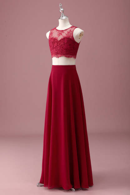 Burgundy Lace Round Neck A Line Long Junior Bridesmaid Dress