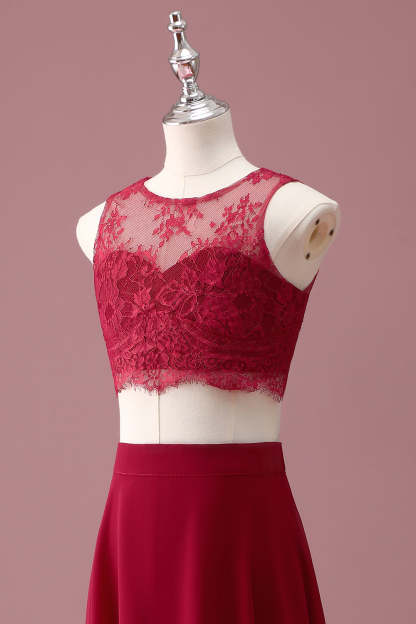 Burgundy Lace Round Neck A Line Long Junior Bridesmaid Dress