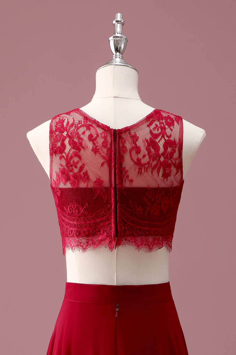 Burgundy Lace Round Neck A Line Long Junior Bridesmaid Dress