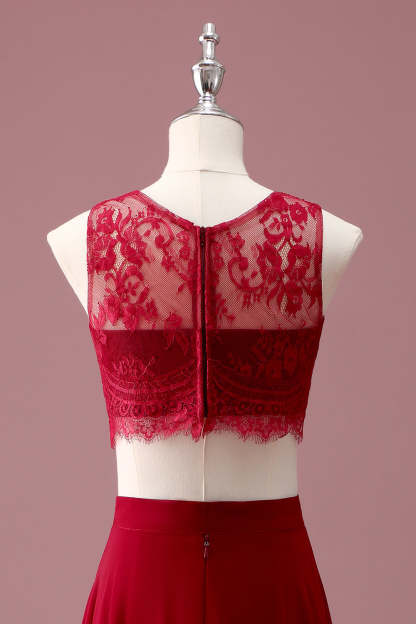 Burgundy Lace Round Neck A Line Long Junior Bridesmaid Dress