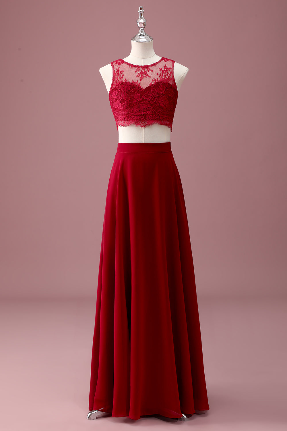 Burgundy Lace Round Neck A Line Long Junior Bridesmaid Dress