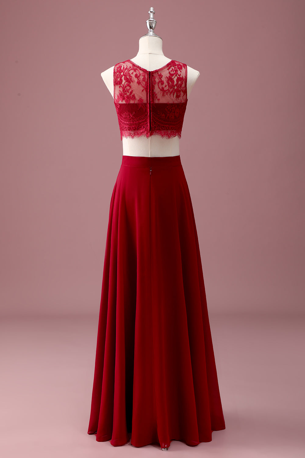Burgundy Lace Round Neck A Line Long Junior Bridesmaid Dress