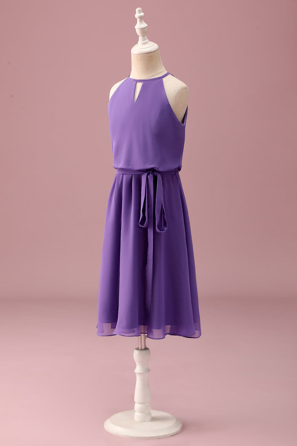 Purple Halter Keyhole A Line Short Junior Bridesmaid Dress