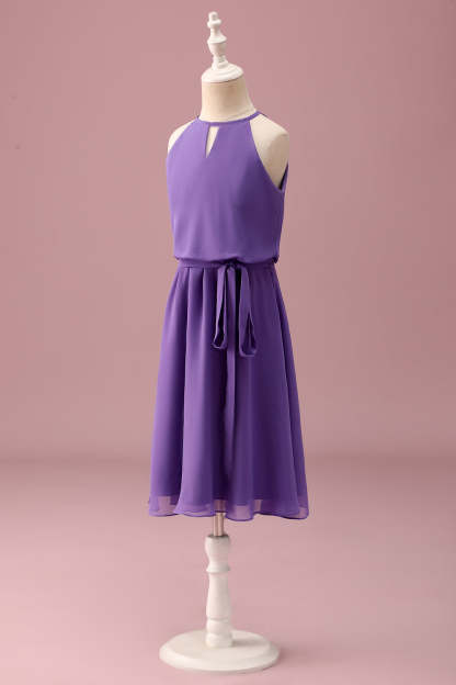 Purple Halter Keyhole A Line Short Junior Bridesmaid Dress