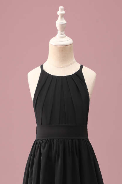 Black Round Neck A Line High Low Junior Bridesmaid Dress