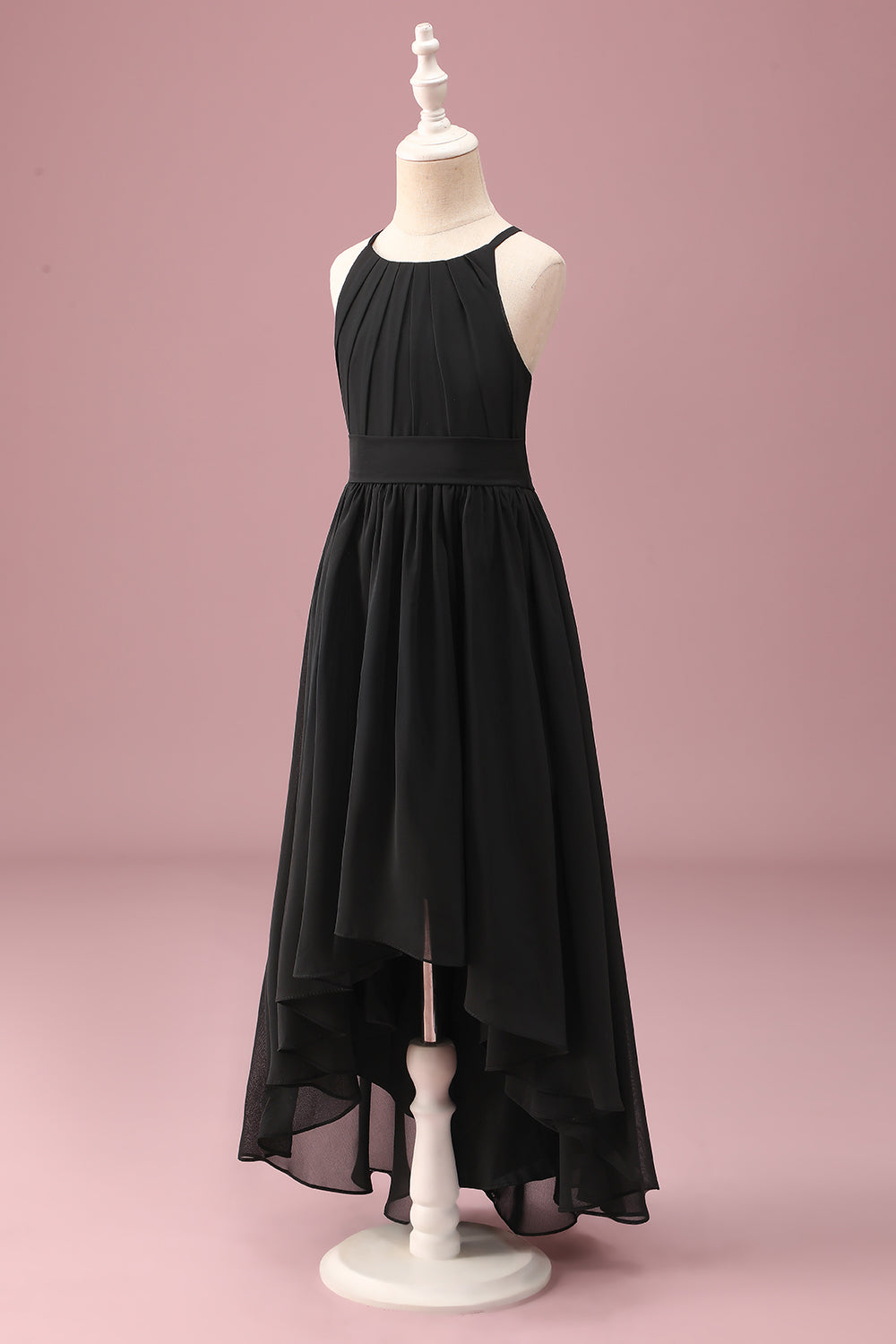 Black Round Neck A Line High Low Junior Bridesmaid Dress