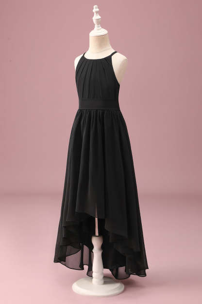 Black Round Neck A Line High Low Junior Bridesmaid Dress