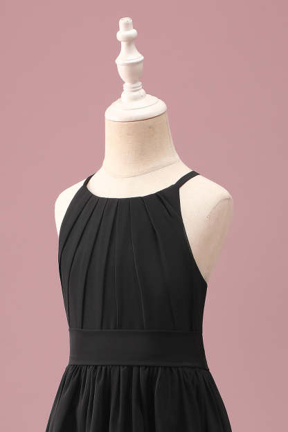 Black Round Neck A Line High Low Junior Bridesmaid Dress