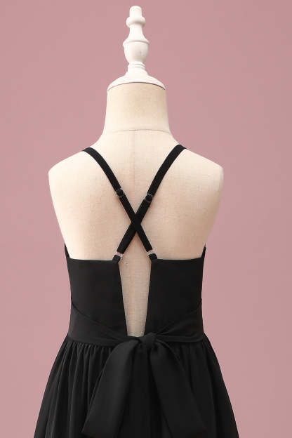 Black Round Neck A Line High Low Junior Bridesmaid Dress