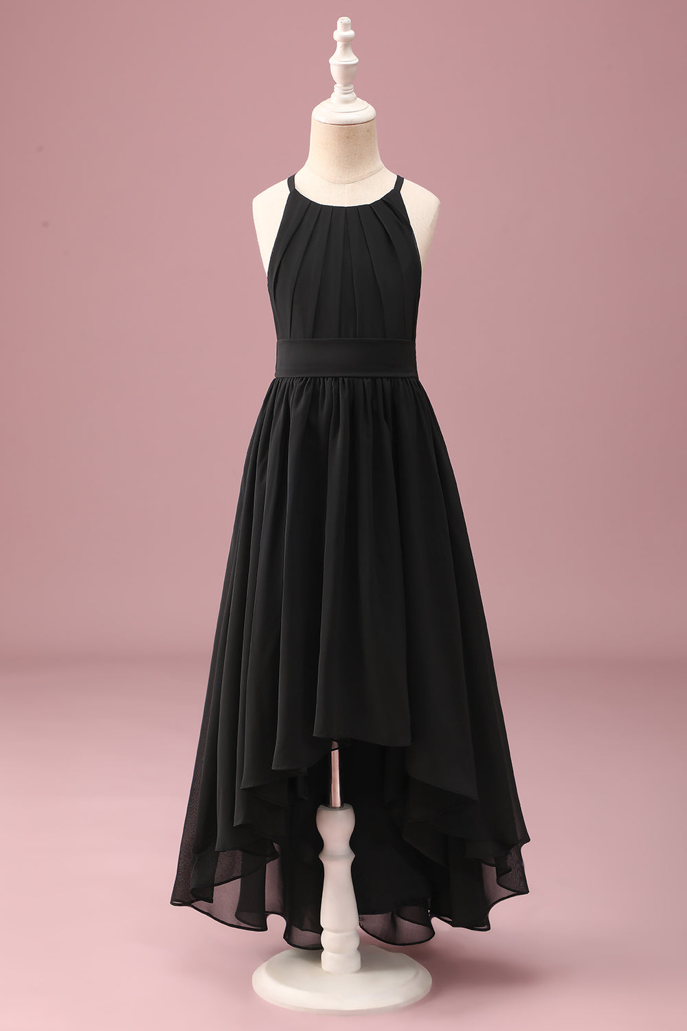 Black Round Neck A Line High Low Junior Bridesmaid Dress