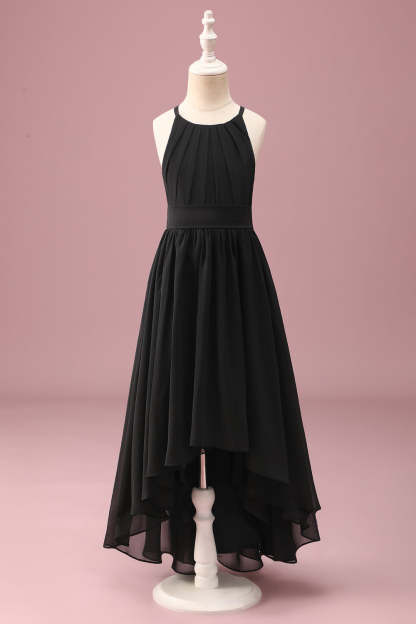Leely Women Black Junior Bridesmaid Dress with Belt Round Neck A Line Pleated High Low Chiffon Wedding Guest Dress