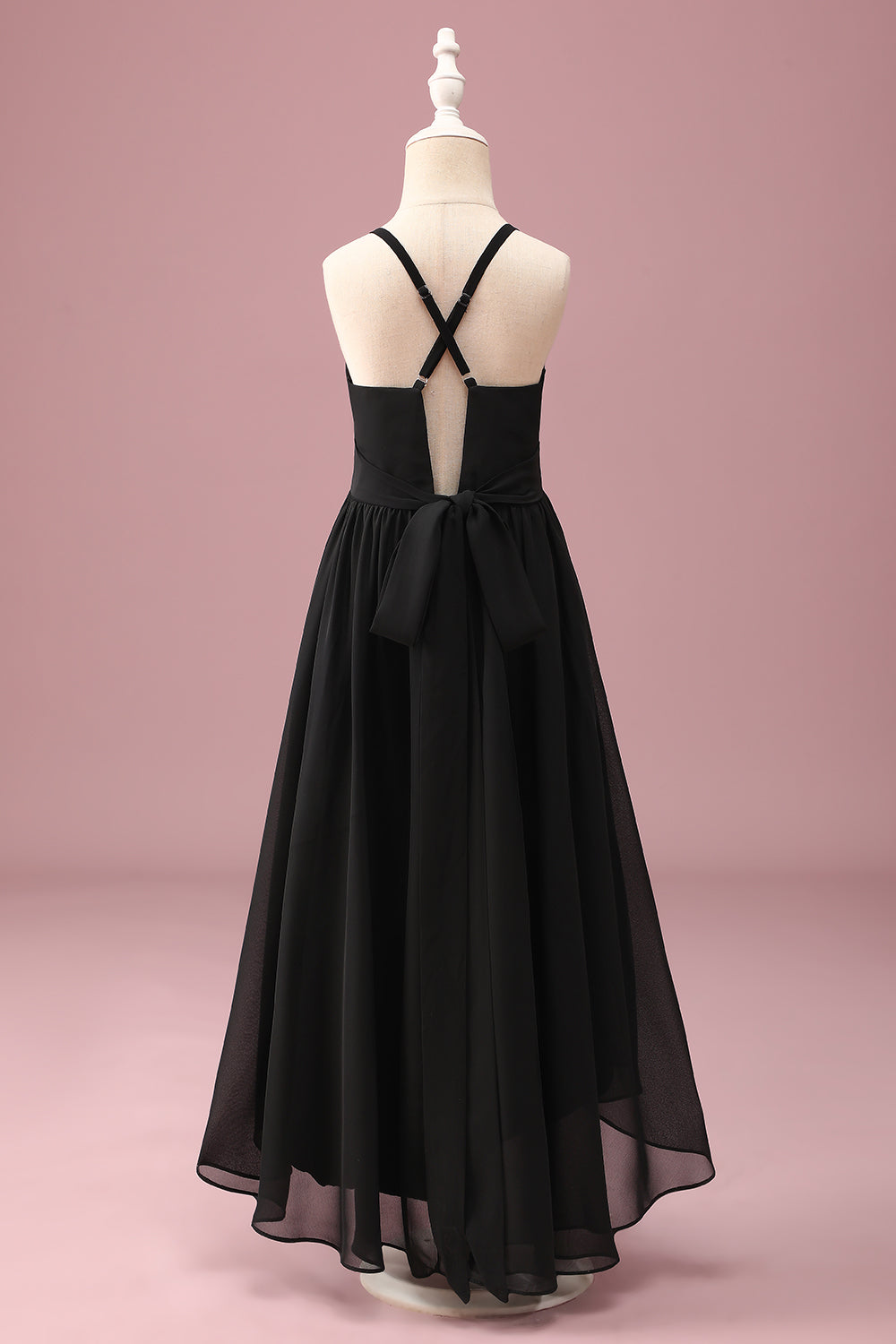 Black Round Neck A Line High Low Junior Bridesmaid Dress