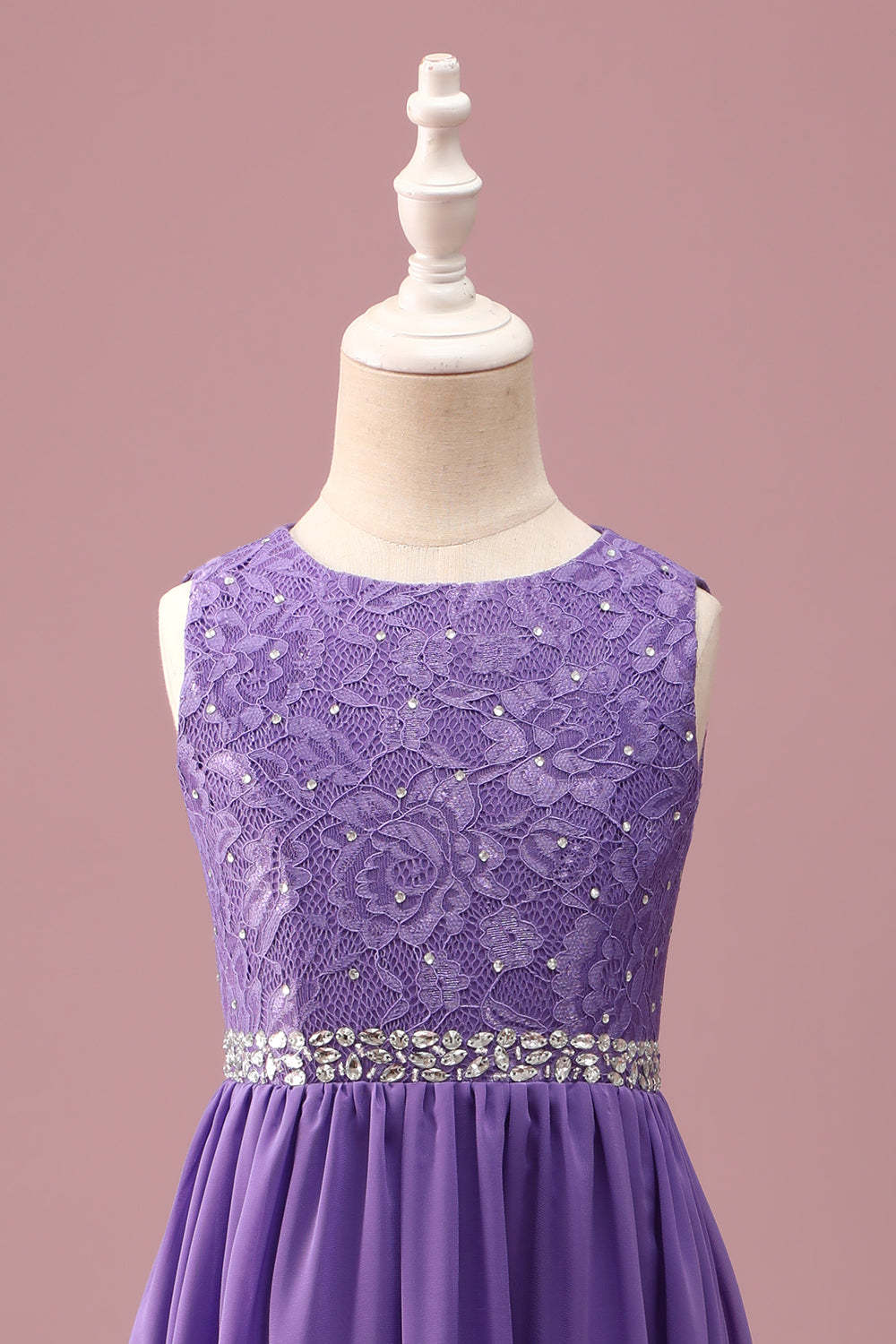 Purple Lace A Line Round Neck Short Junior Bridesmaid Dress