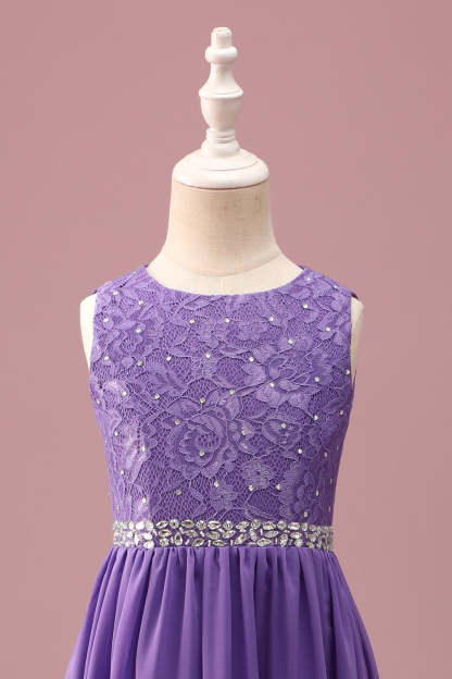 Purple Lace A Line Round Neck Short Junior Bridesmaid Dress