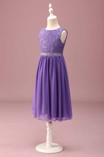 Purple Lace A Line Round Neck Short Junior Bridesmaid Dress