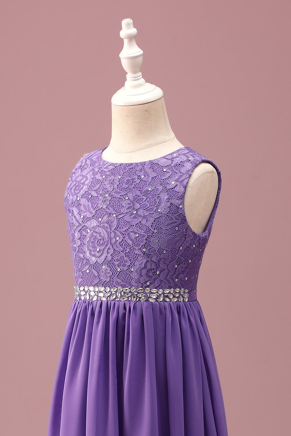 Purple Lace A Line Round Neck Short Junior Bridesmaid Dress