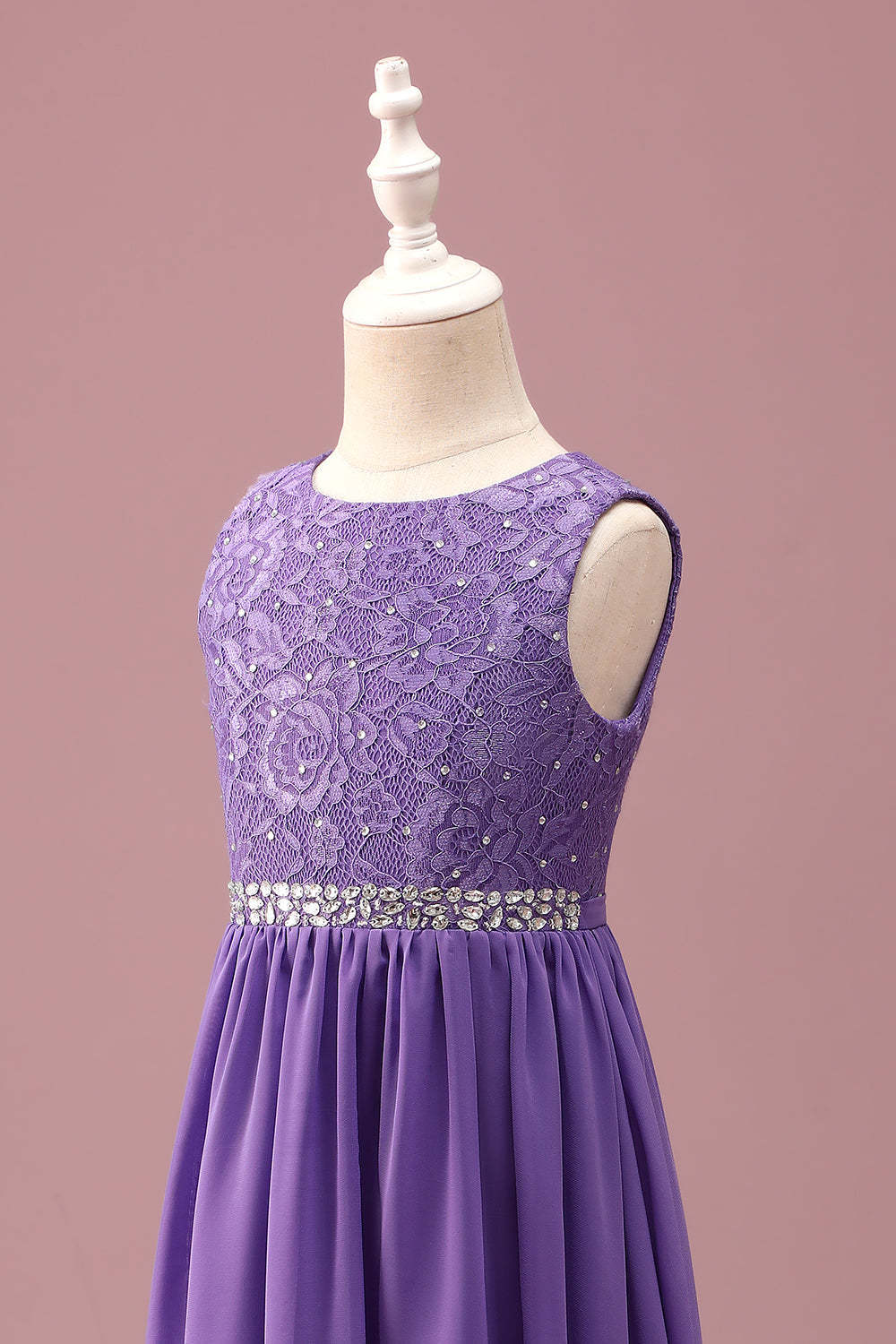 Purple Lace A Line Round Neck Short Junior Bridesmaid Dress