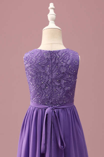 Purple Lace A Line Round Neck Short Junior Bridesmaid Dress
