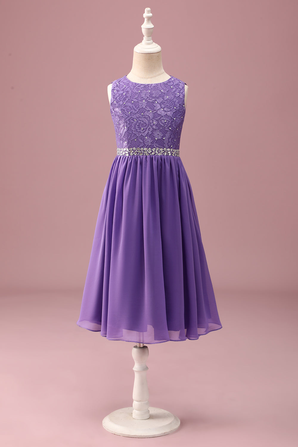 Purple Lace A Line Round Neck Short Junior Bridesmaid Dress