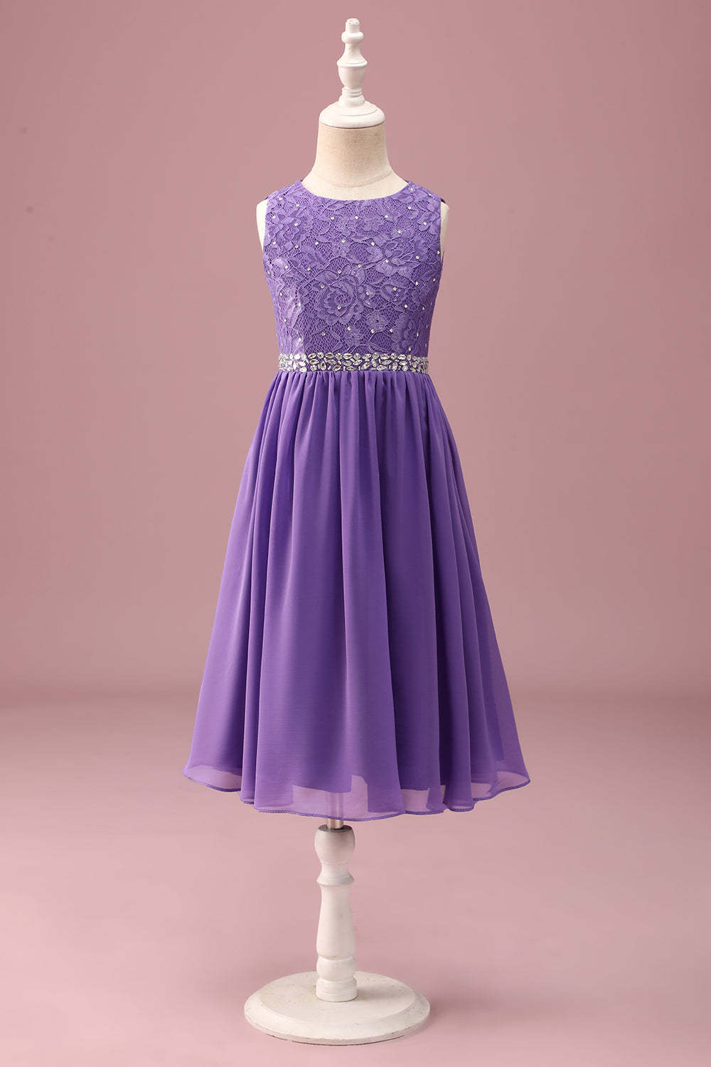 Leely Women Purple Junior Bridesmaid Dress Lace Chiffon A Line Round Neck Short Wedding Guest Dress