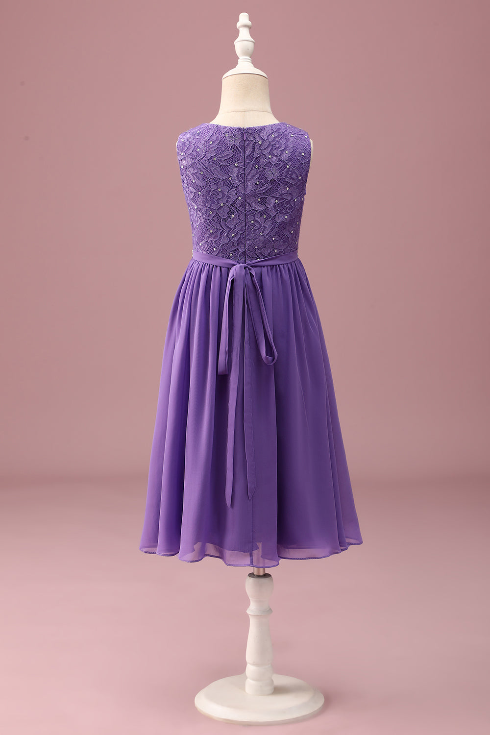 Purple Lace A Line Round Neck Short Junior Bridesmaid Dress