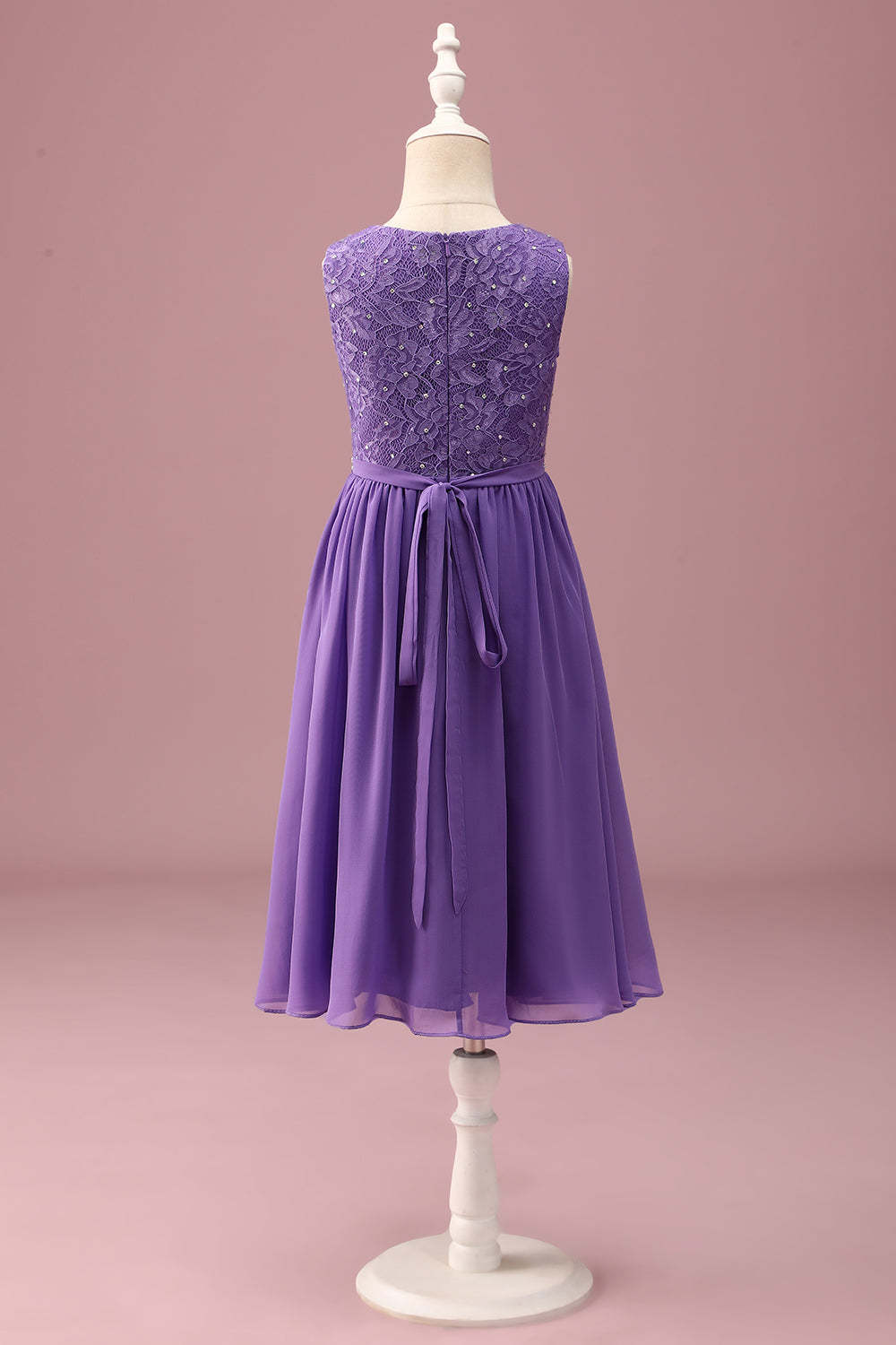 Purple Lace A Line Round Neck Short Junior Bridesmaid Dress