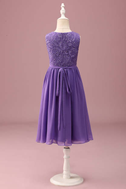Purple Lace A Line Round Neck Short Junior Bridesmaid Dress