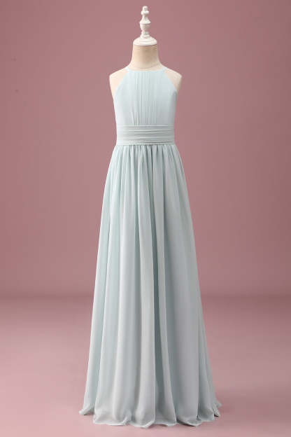 Leely Women Mint Junior Bridesmaid Dress Halter A-Line Pleated Chiffon Long Wedding Guest Dress