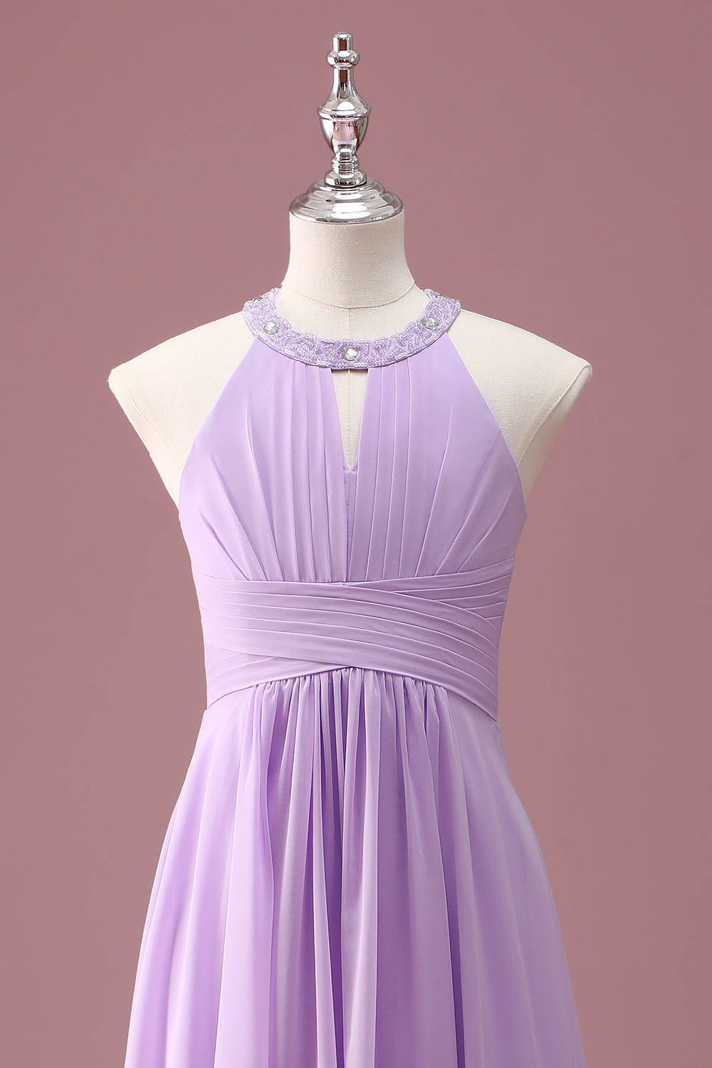 Lilac Beaded Keyhole Halter A Line Pleated Junior Bridesmaid Dress