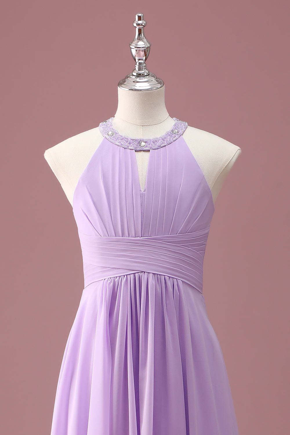 Lilac Beaded Keyhole Halter A Line Pleated Junior Bridesmaid Dress