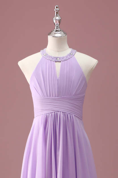Lilac Beaded Keyhole Halter A Line Pleated Junior Bridesmaid Dress