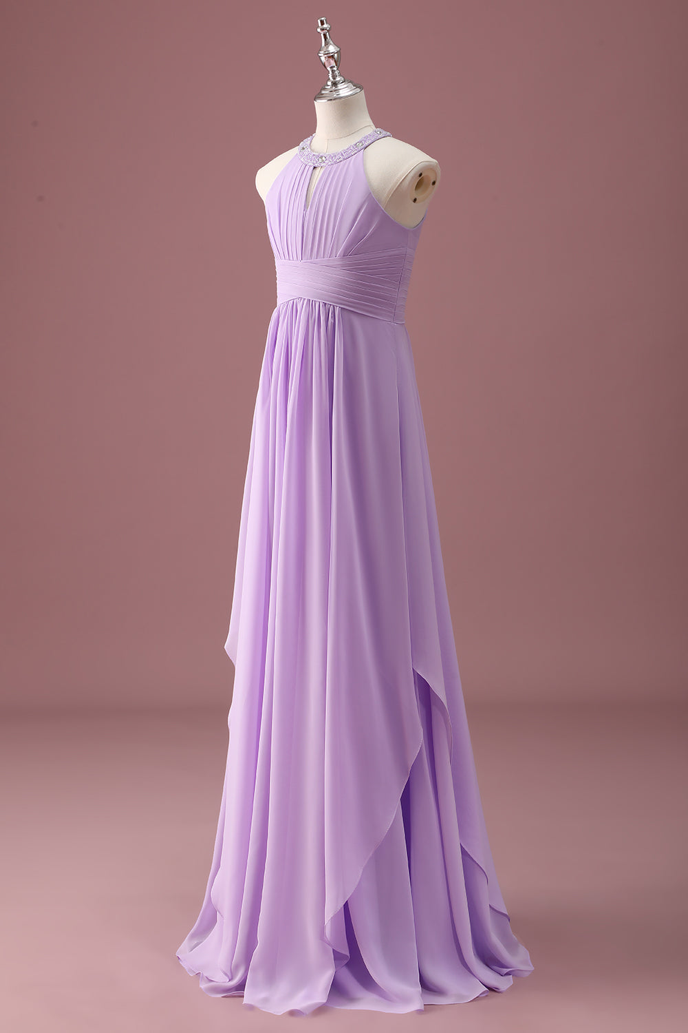 Lilac Beaded Keyhole Halter A Line Pleated Junior Bridesmaid Dress