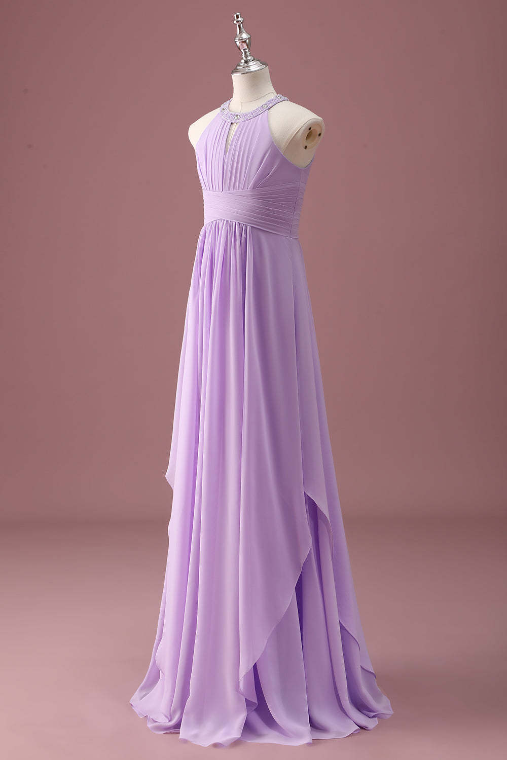 Lilac Beaded Keyhole Halter A Line Pleated Junior Bridesmaid Dress