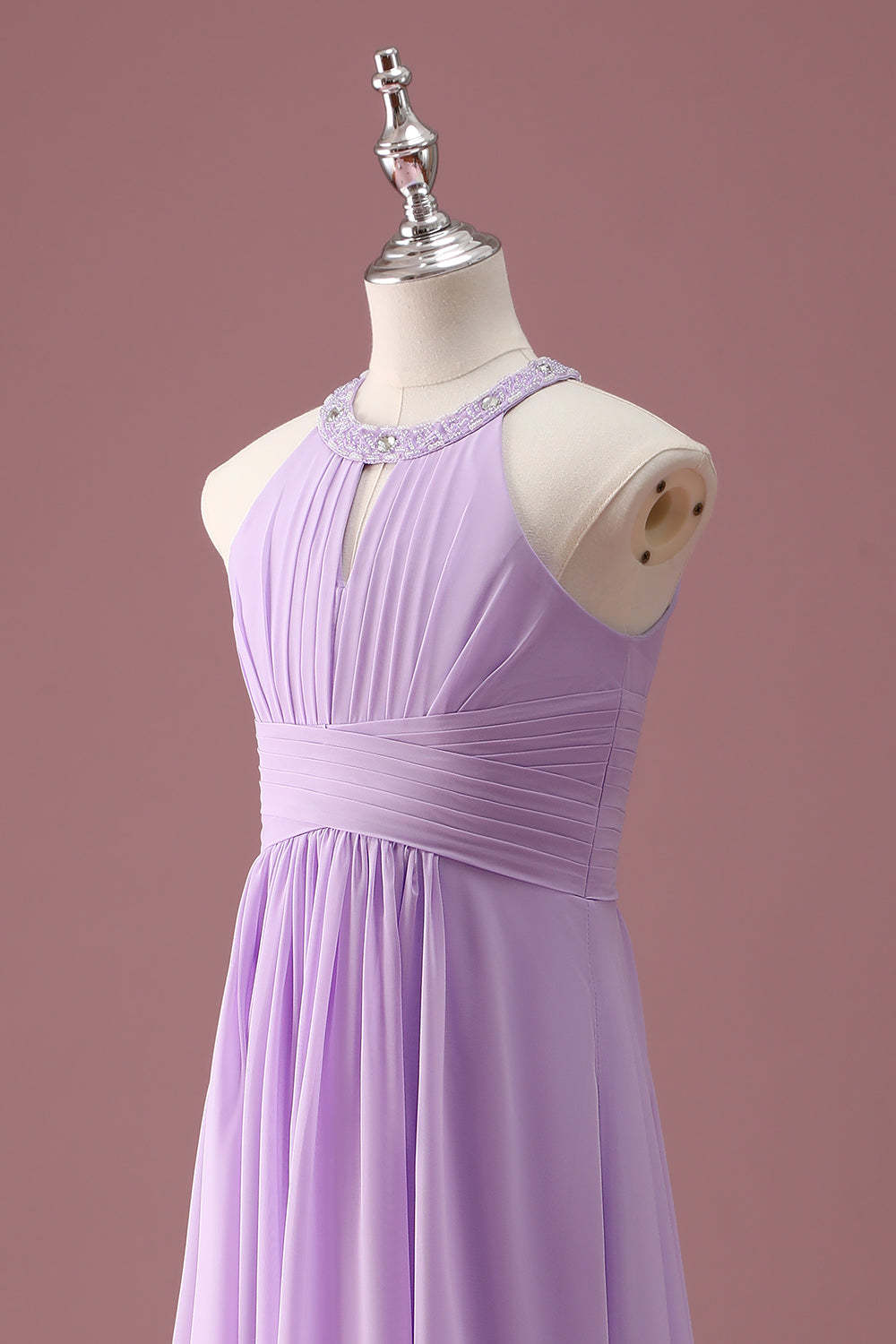Lilac Beaded Keyhole Halter A Line Pleated Junior Bridesmaid Dress