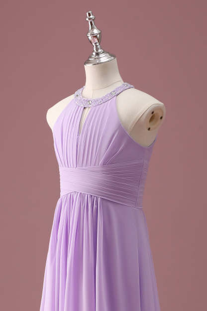 Lilac Beaded Keyhole Halter A Line Pleated Junior Bridesmaid Dress