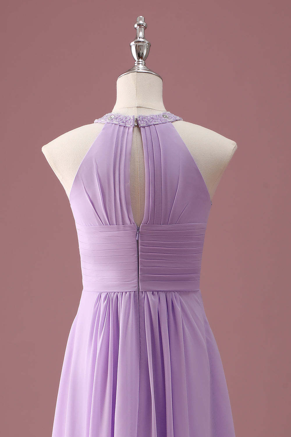 Lilac Beaded Keyhole Halter A Line Pleated Junior Bridesmaid Dress