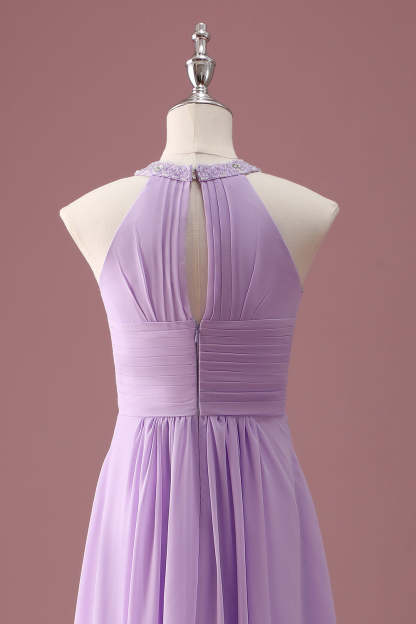 Lilac Beaded Keyhole Halter A Line Pleated Junior Bridesmaid Dress