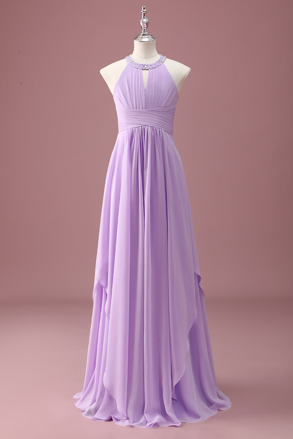 Lilac Beaded Keyhole Halter A Line Pleated Junior Bridesmaid Dress