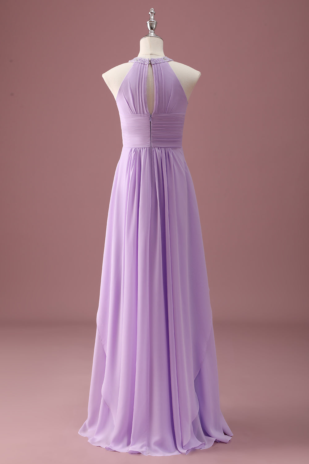 Lilac Beaded Keyhole Halter A Line Pleated Junior Bridesmaid Dress