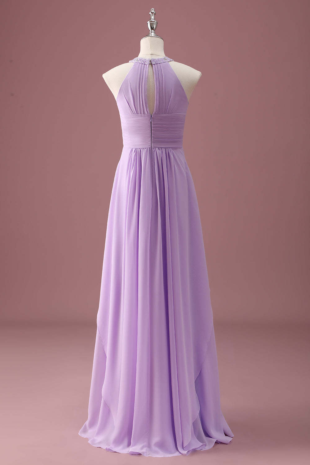 Lilac Beaded Keyhole Halter A Line Pleated Junior Bridesmaid Dress