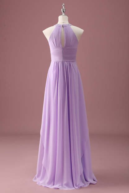 Lilac Beaded Keyhole Halter A Line Pleated Junior Bridesmaid Dress