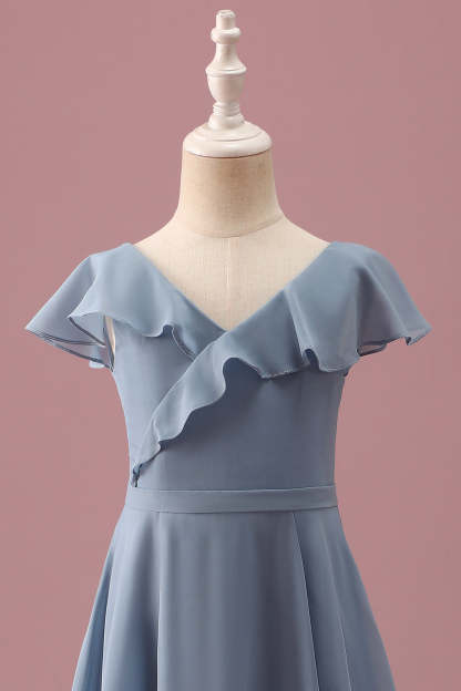 Dusty Blue Chiffon V Neck Wrap Short Junior Bridesmaid Dress