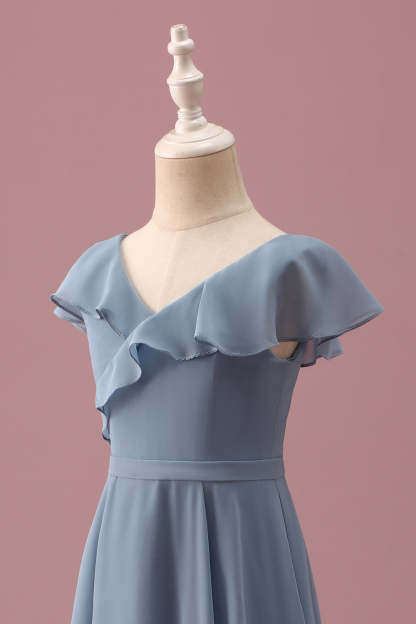 Dusty Blue Chiffon V Neck Wrap Short Junior Bridesmaid Dress