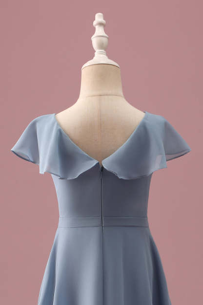 Dusty Blue Chiffon V Neck Wrap Short Junior Bridesmaid Dress