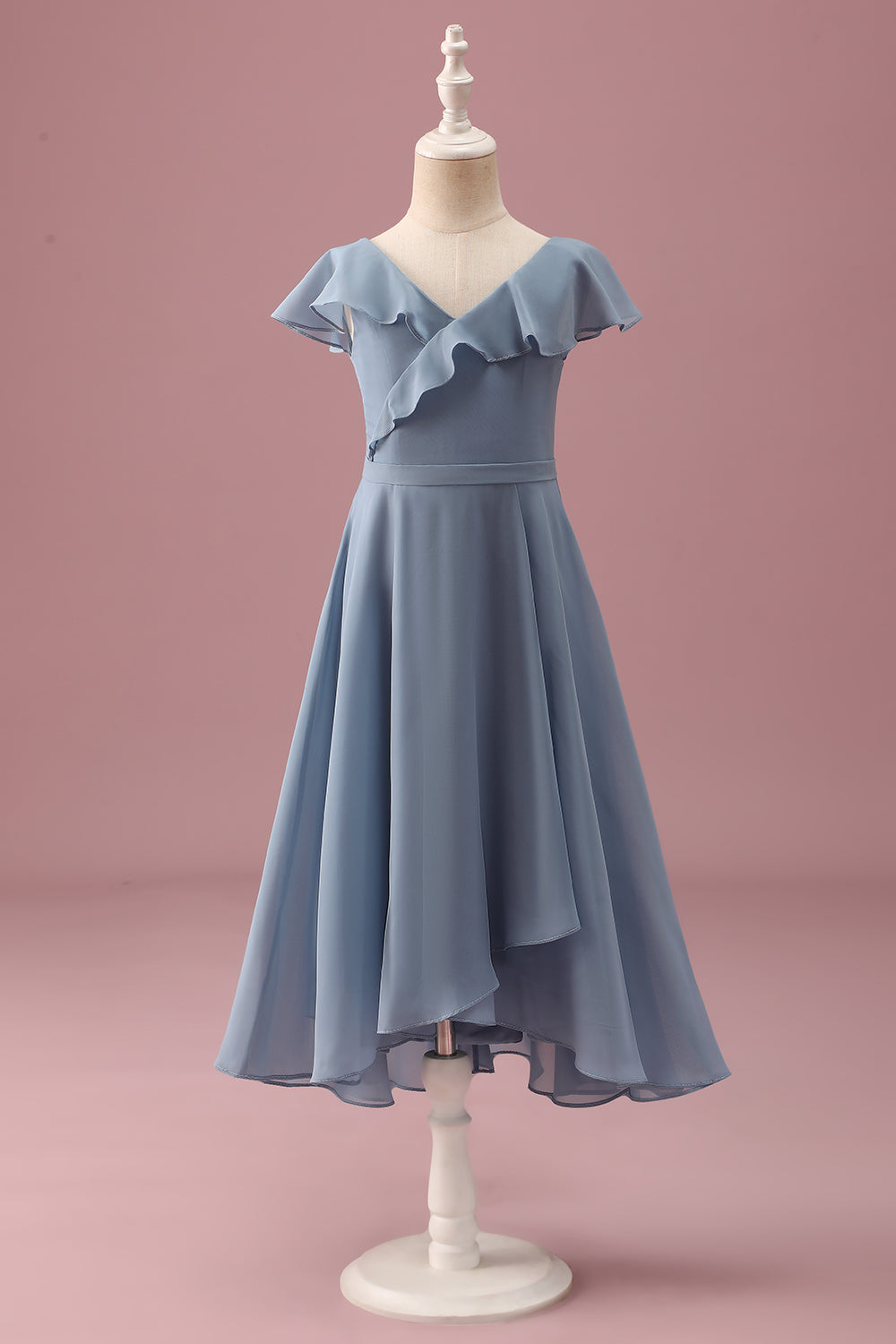Dusty Blue Chiffon V Neck Wrap Short Junior Bridesmaid Dress