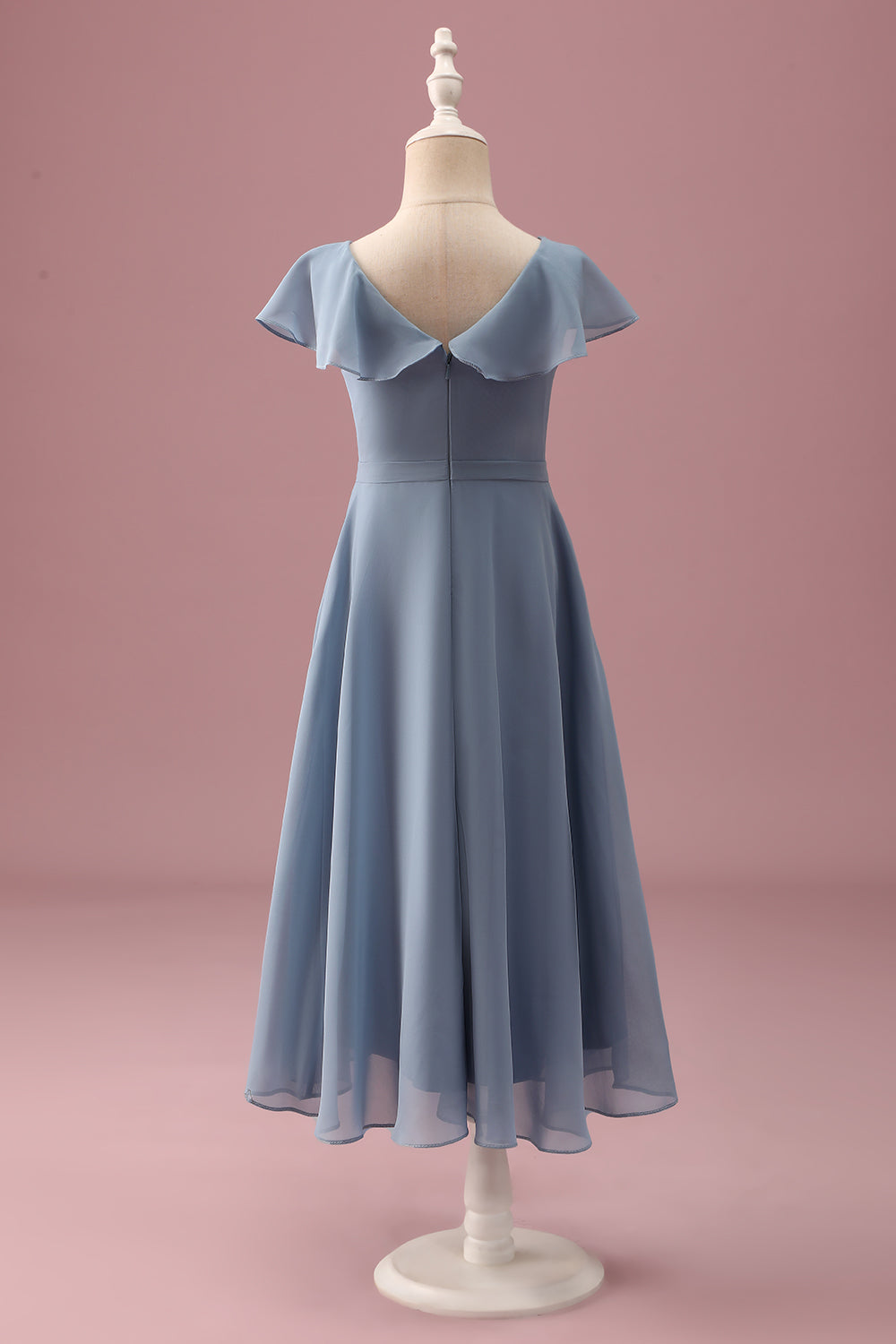 Dusty Blue Chiffon V Neck Wrap Short Junior Bridesmaid Dress