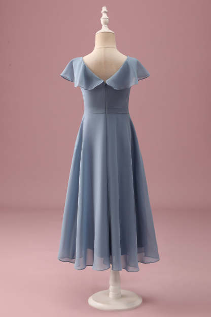 Dusty Blue Chiffon V Neck Wrap Short Junior Bridesmaid Dress