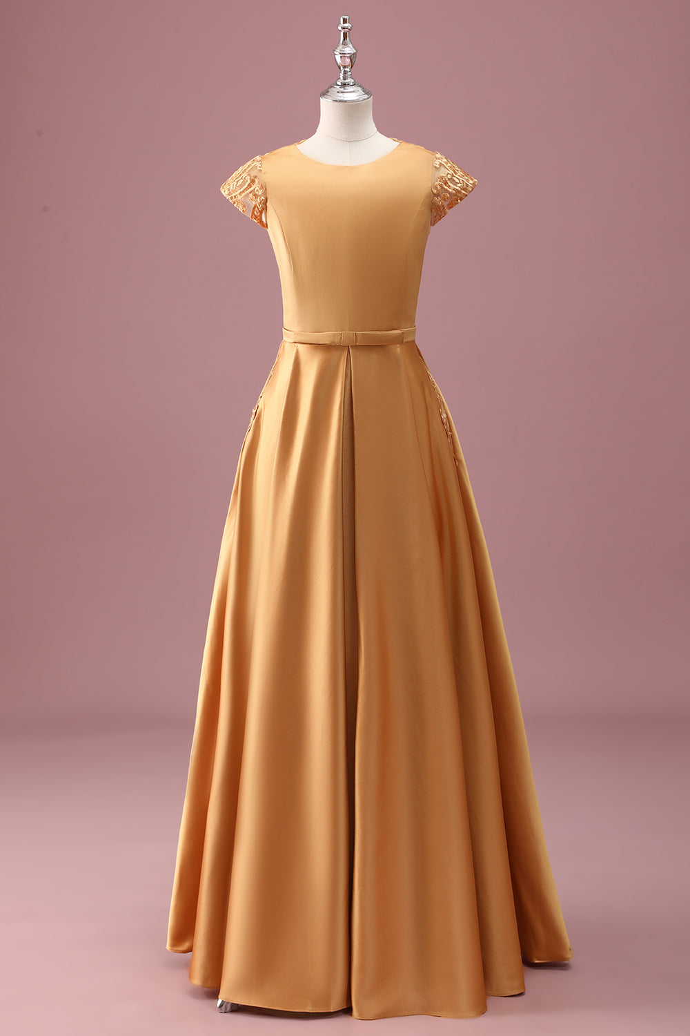 Leely Women Golden Junior Bridesmaid Dress Round Neck Chiffon A Line Short Sleeves Long Wedding Guest Dress